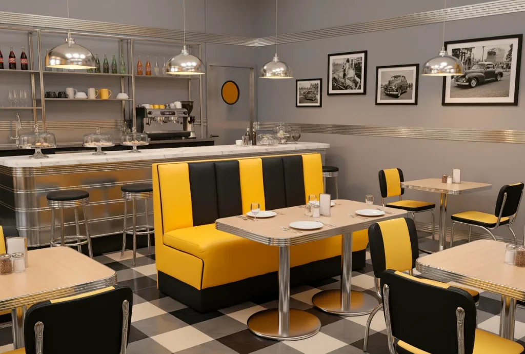 Bancada tapizada en amarillo y negro para cafetería, proyecto contract